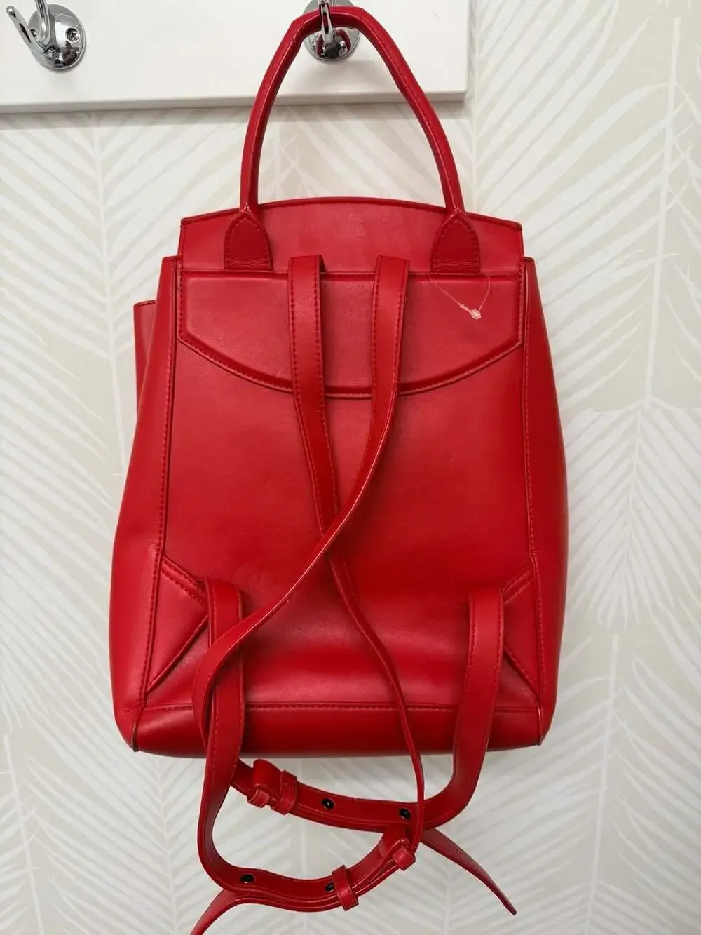 JW PEI Red Faux Leather Drawstring Backpack with Quilted Pocket Red